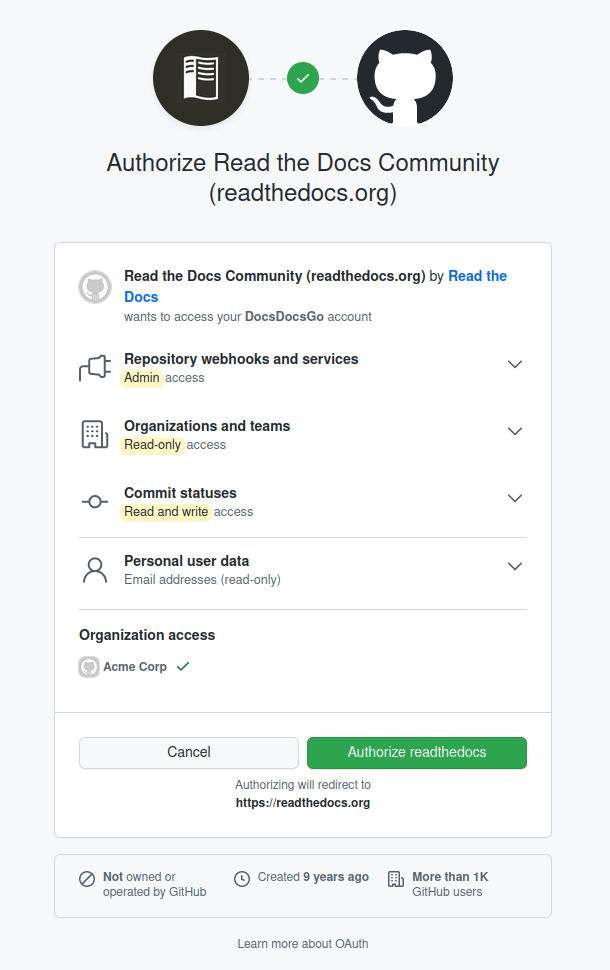 Screenshot of example OAuth dialog on GitHub